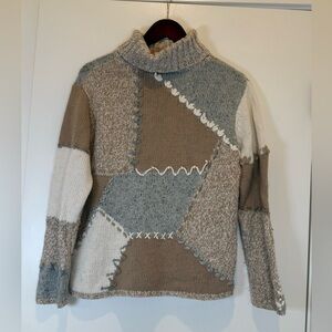 Coldwater Creek Patchwork Turtleneck Sweater - Beige and Gray